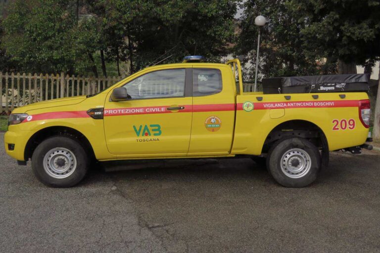 Vista laterale di automezzi pickup Ford giallo per Protezione Civile e antincendio boschivo